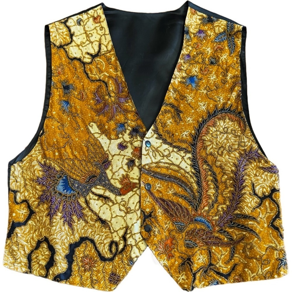 Vtg Ann Tjian for Kenar Batik Vest Beaded Peacock Boho Indonesia Ethnic Art Sz M